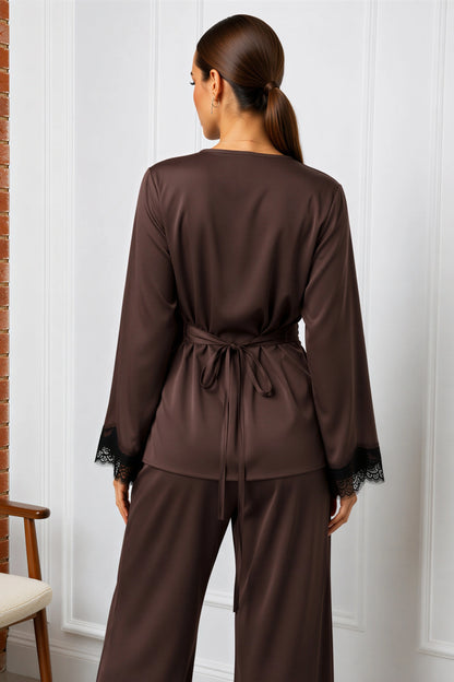 Brown Satin Lace Trim Wide Leg Pants Set