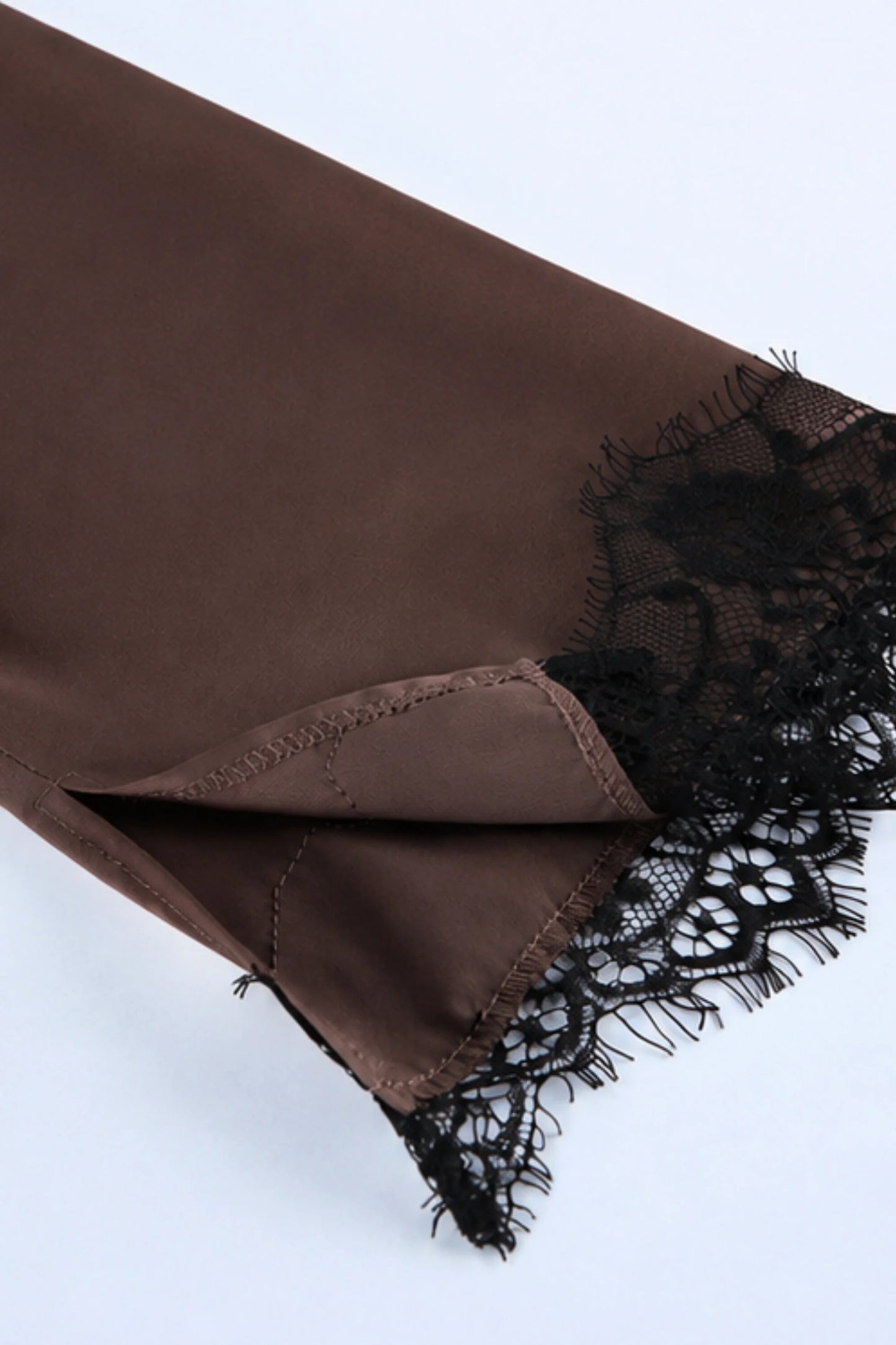 Brown Satin Lace Trim Wide Leg Pants Set Brown