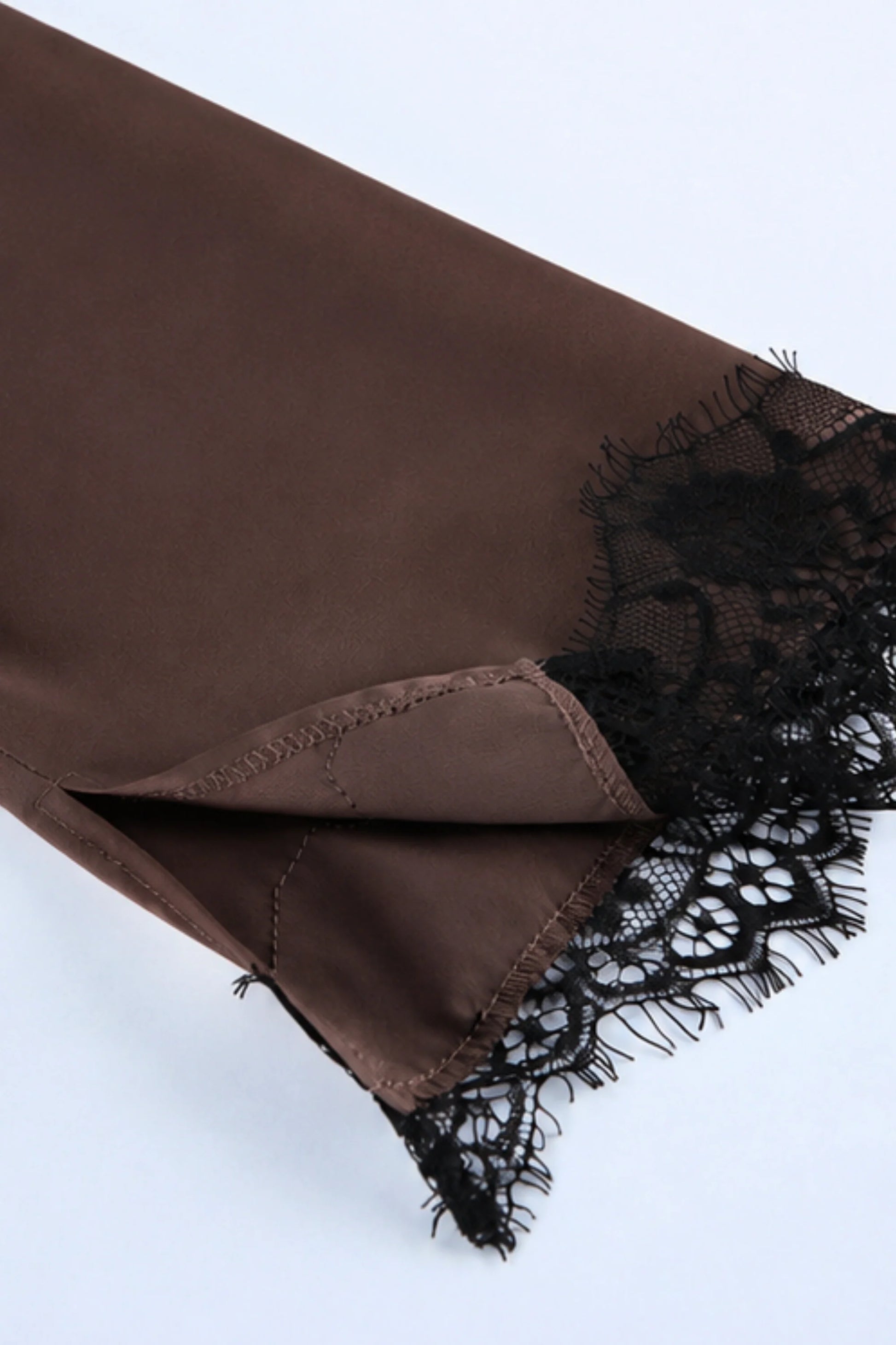 Brown Satin Lace Trim Wide Leg Pants Set Brown