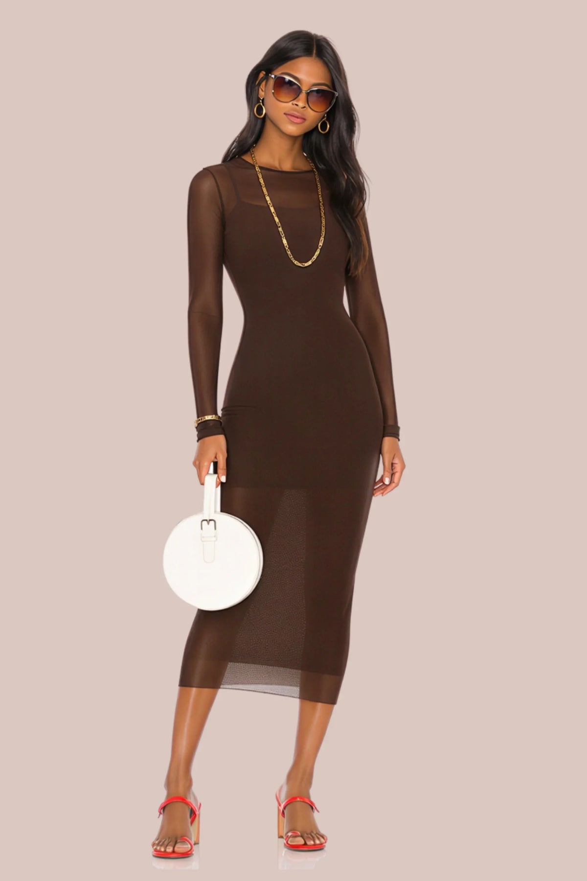 Black Floral Mesh Knit Maxi Dress brown