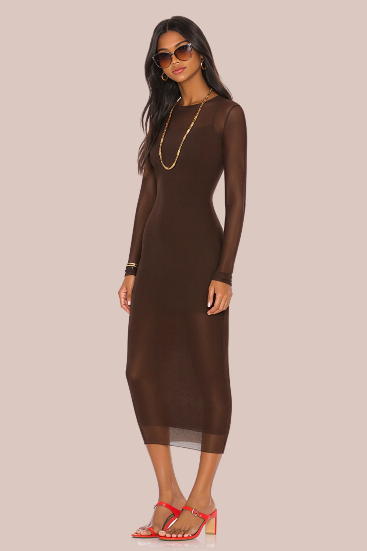 Black Floral Mesh Knit Maxi Dress brown