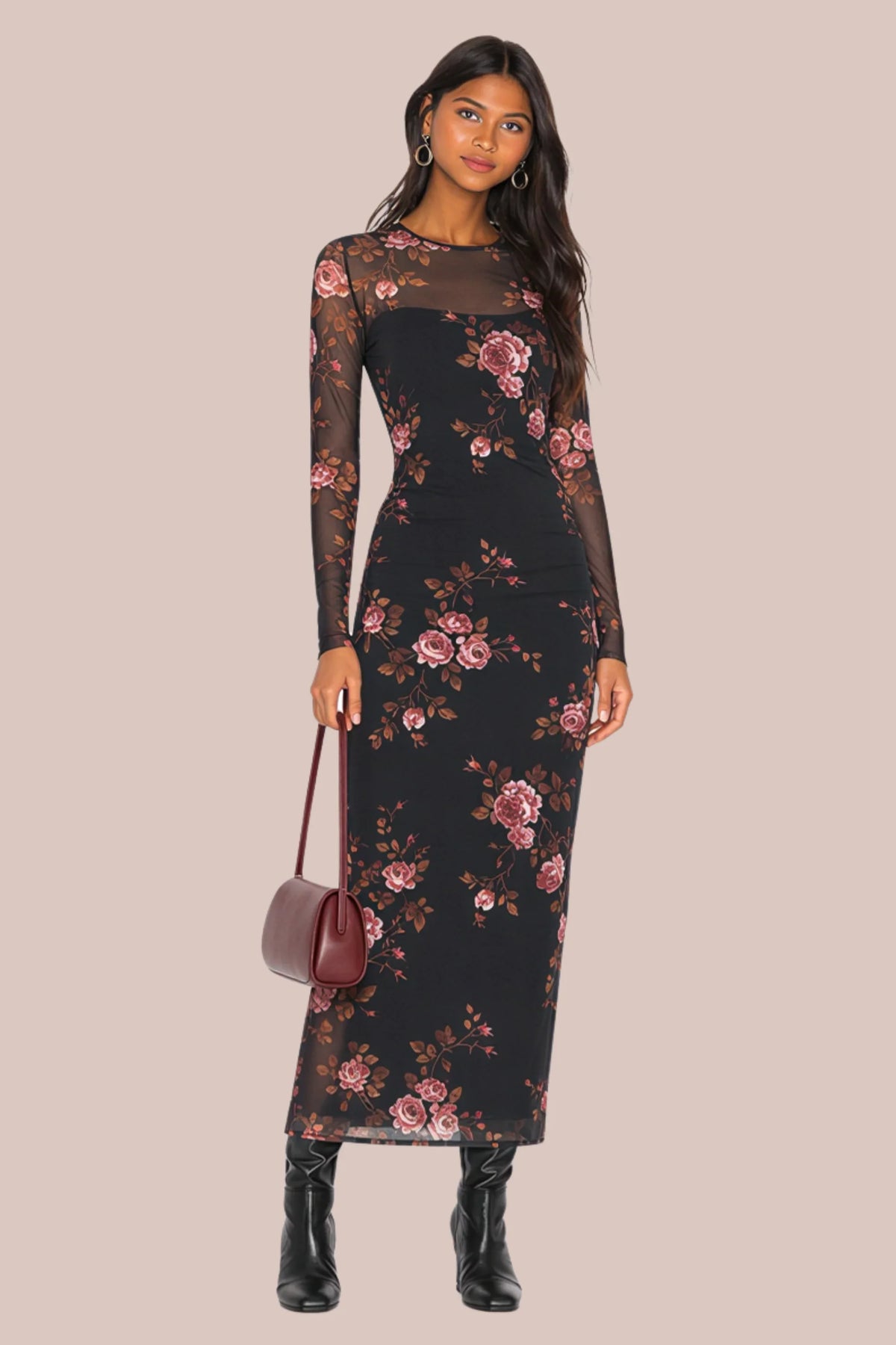 Black Floral Mesh Knit Maxi Dress Black