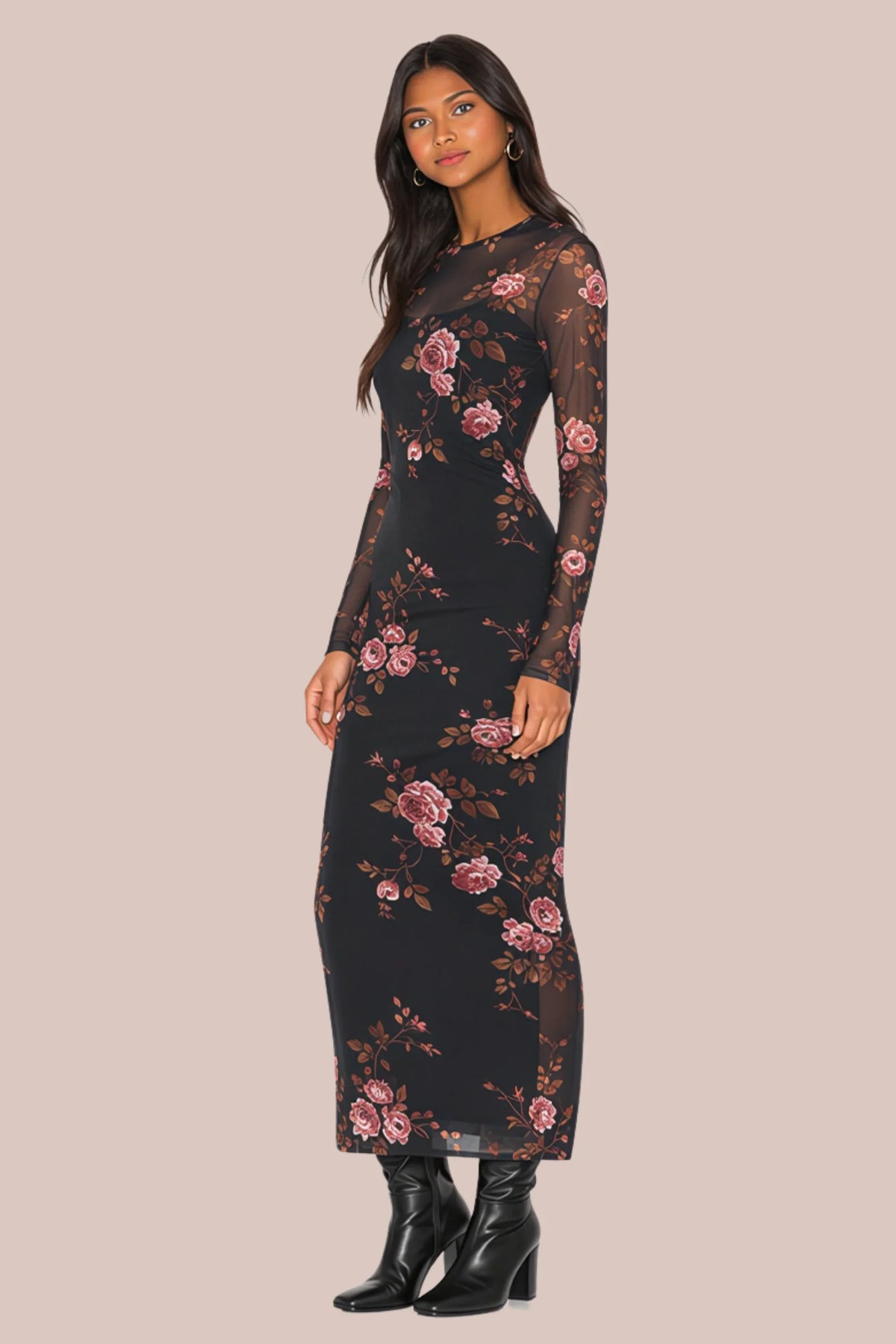 Black Floral Mesh Knit Maxi Dress Black