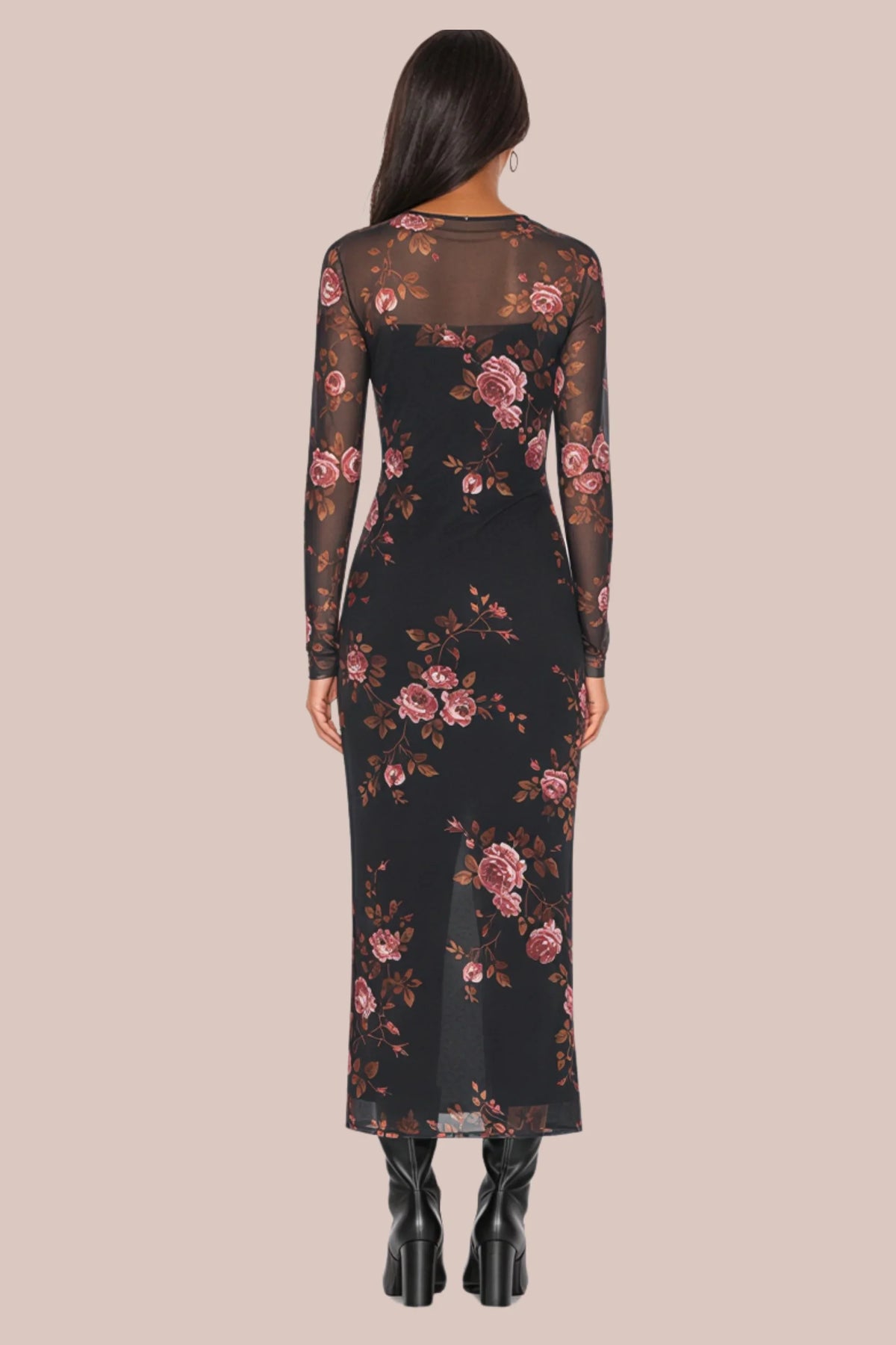 Black Floral Mesh Knit Maxi Dress Black