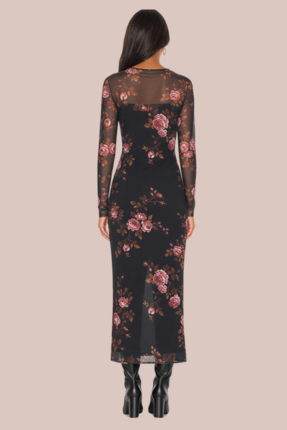 Black Floral Mesh Knit Maxi Dress Black
