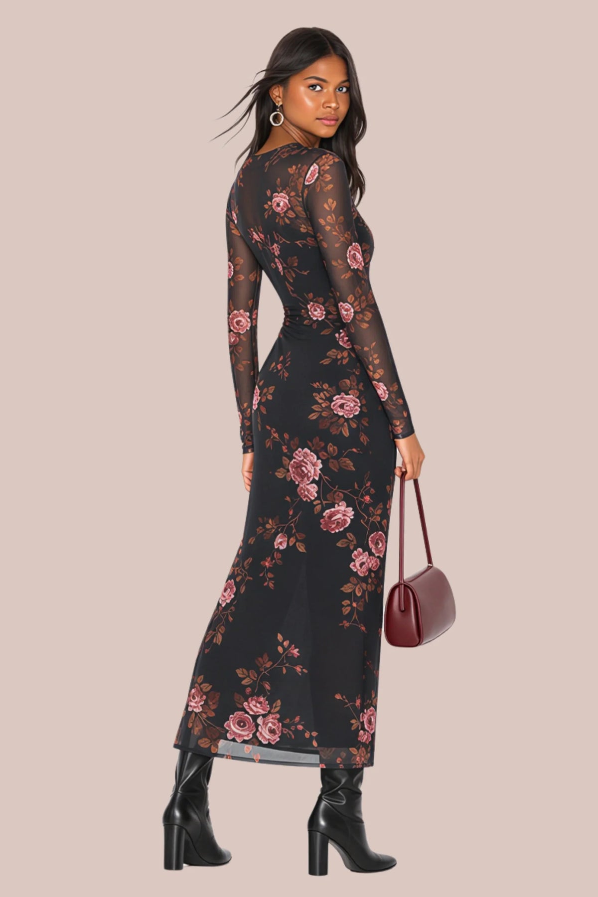 Black Floral Mesh Knit Maxi Dress Black