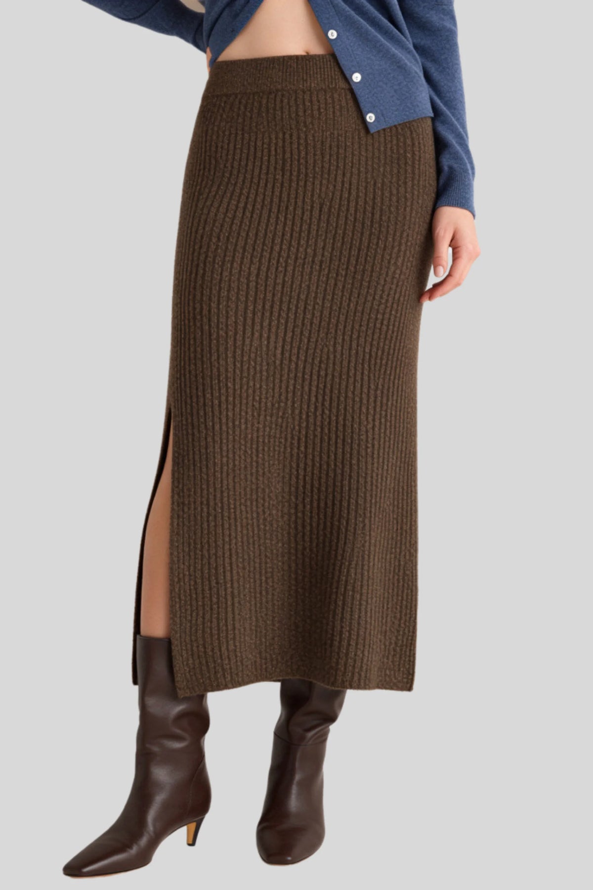 Brown Stretch Wool-Blend Ribbed Knit Midi Skirt with Side Slit