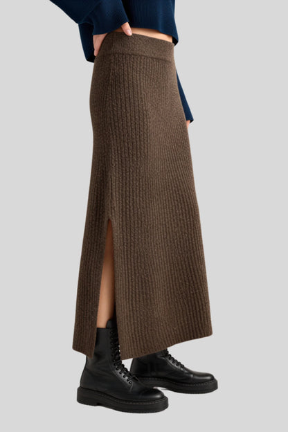 Brown Stretch Wool-Blend Ribbed Knit Midi Skirt with Side Slit