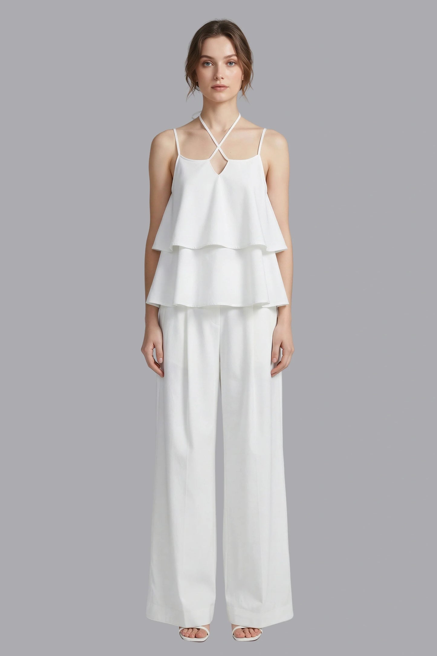Butterfly Sleeve Top and Wide Leg Pants Set White