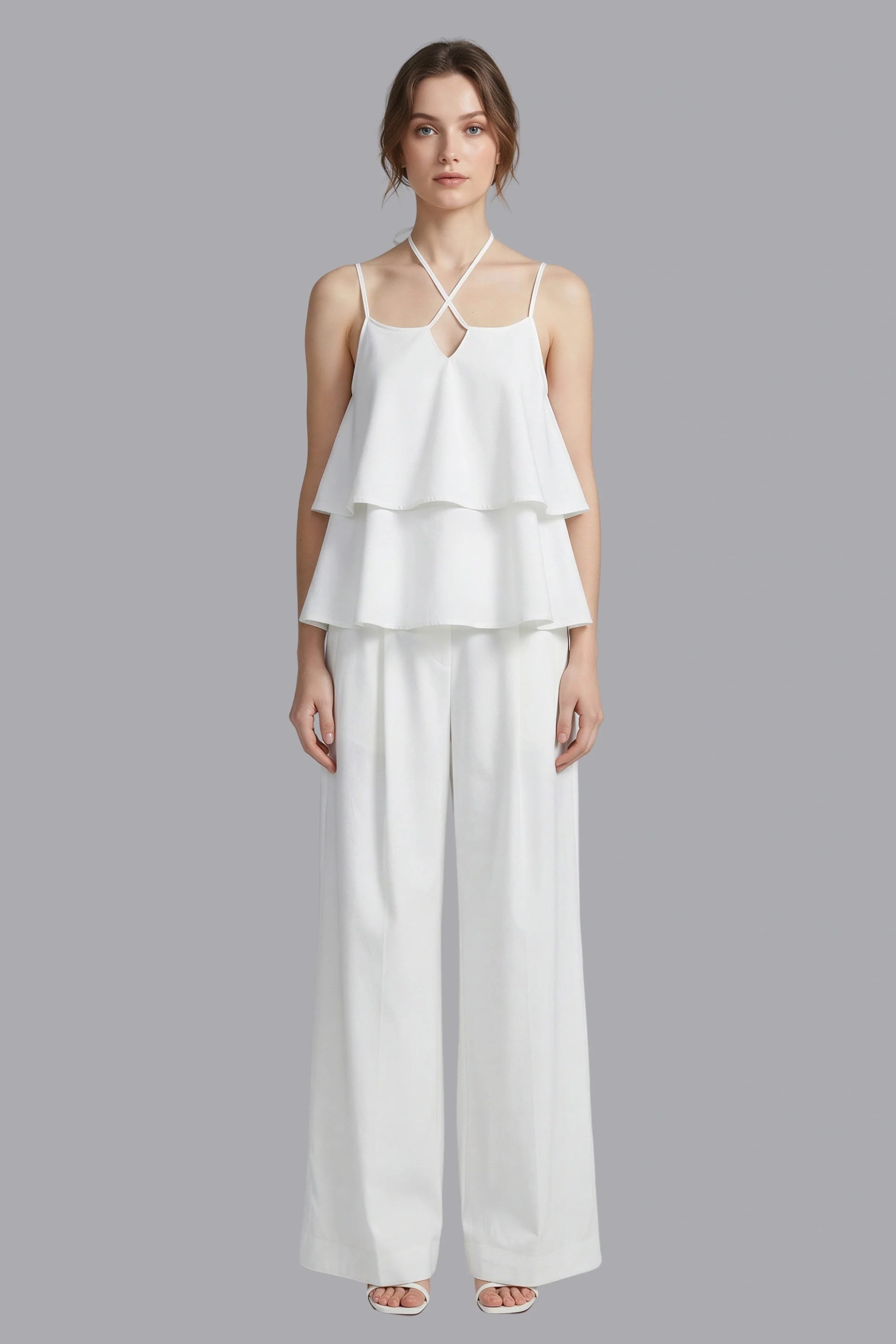 Butterfly Sleeve Top and Wide Leg Pants Set White