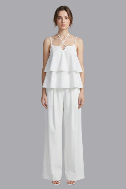 Butterfly Sleeve Top and Wide Leg Pants Set White