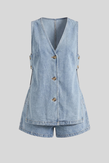 Casual Denim Vest And Shorts Set Color: