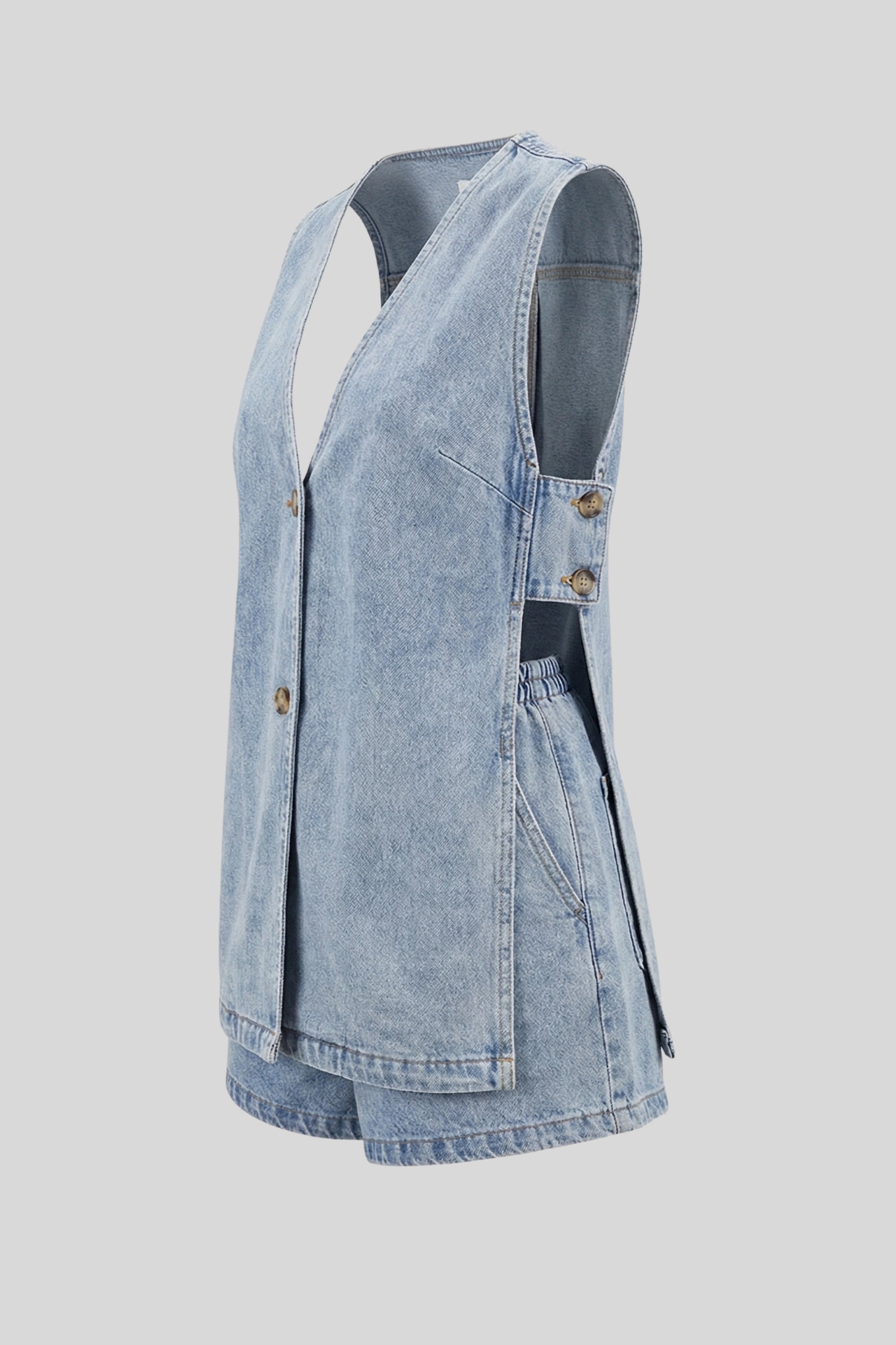 Casual Denim Vest And Shorts Set Color: