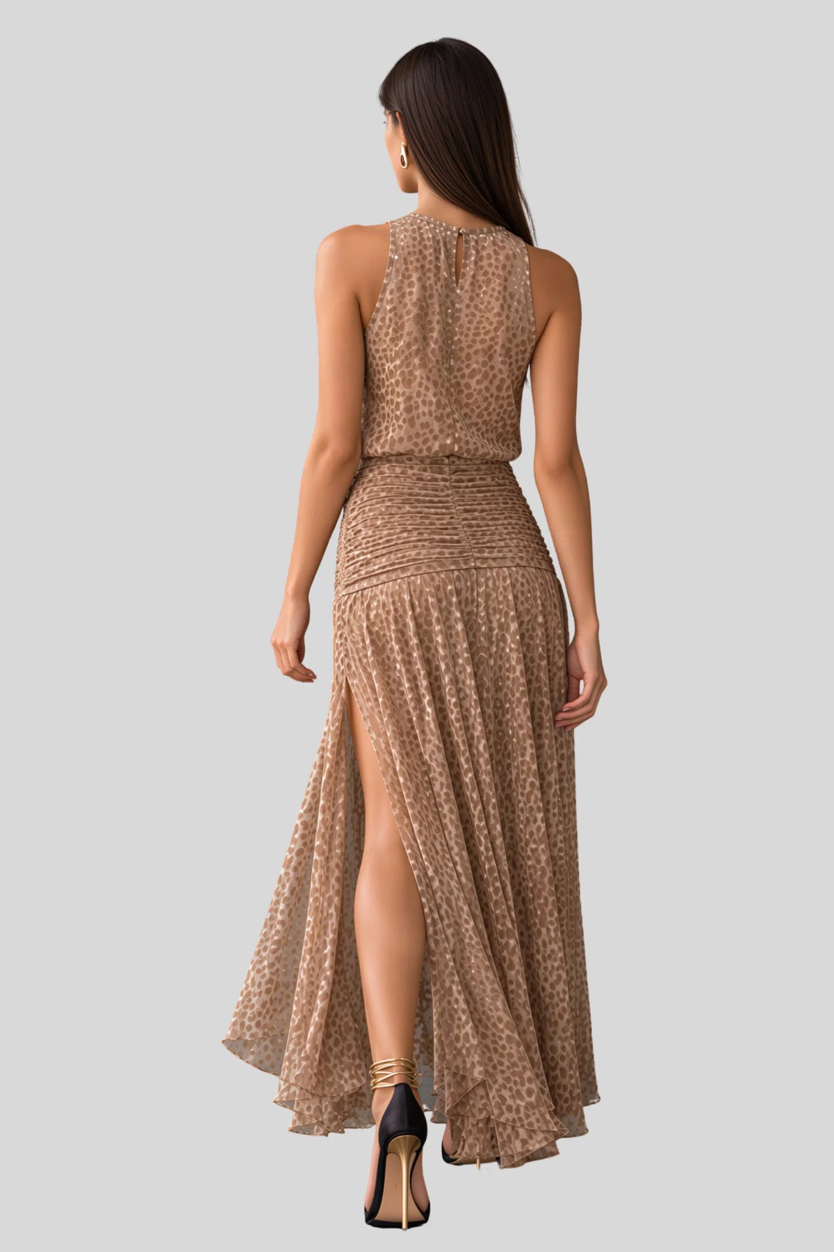 Cheetah Burnout Maxi Dress with Keyhole Neckline and High Slit Cheetah
