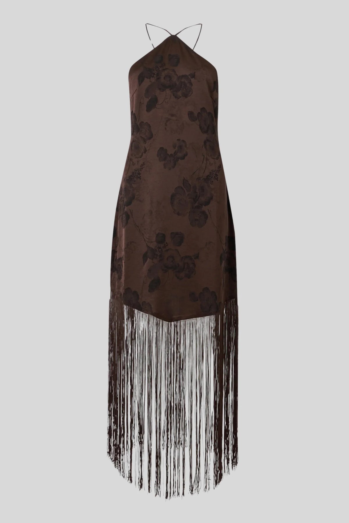 Chocolate Brown Floral Fringe Midi Dress with Open Back Chocolate