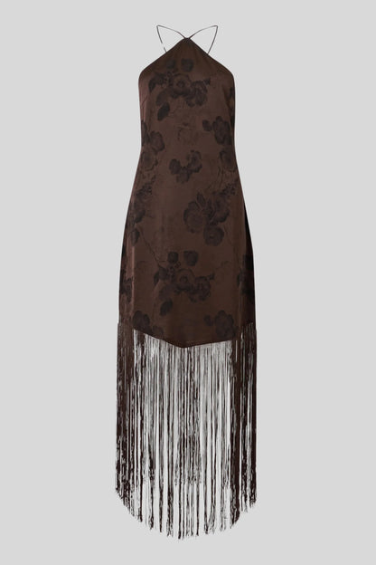 Chocolate Brown Floral Fringe Midi Dress with Open Back Chocolate