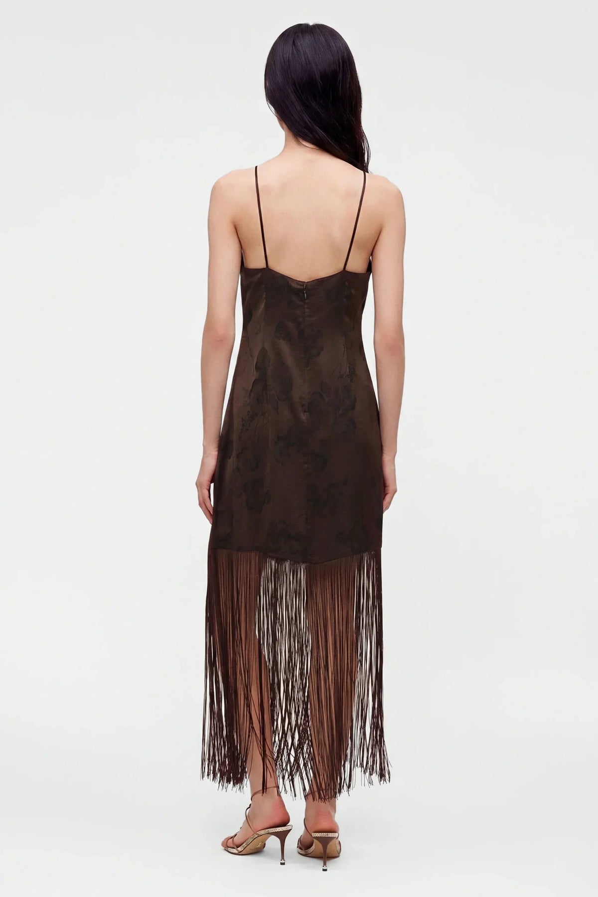 Chocolate Brown Floral Fringe Midi Dress with Open Back Chocolate