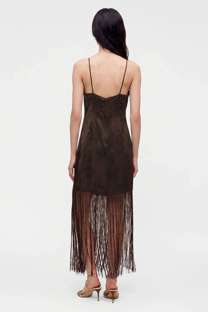 Chocolate Brown Floral Fringe Midi Dress with Open Back Chocolate