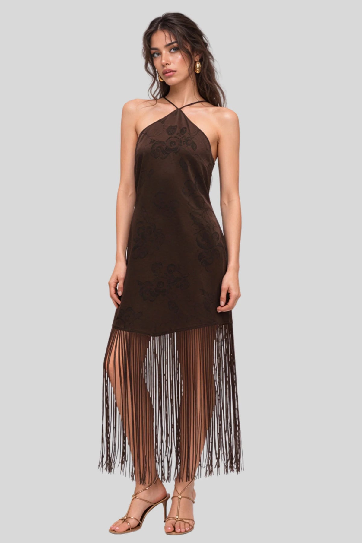 Chocolate Brown Floral Fringe Midi Dress with Open Back Chocolate