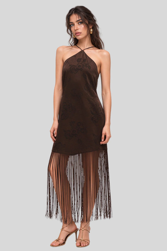 Chocolate Brown Floral Fringe Midi Dress with Open Back Chocolate