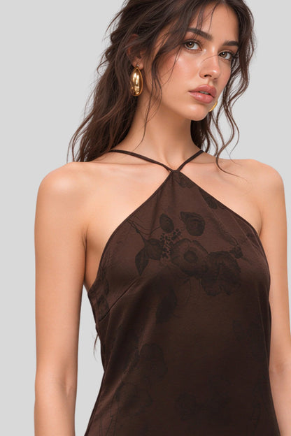 Chocolate Brown Floral Fringe Midi Dress with Open Back Chocolate
