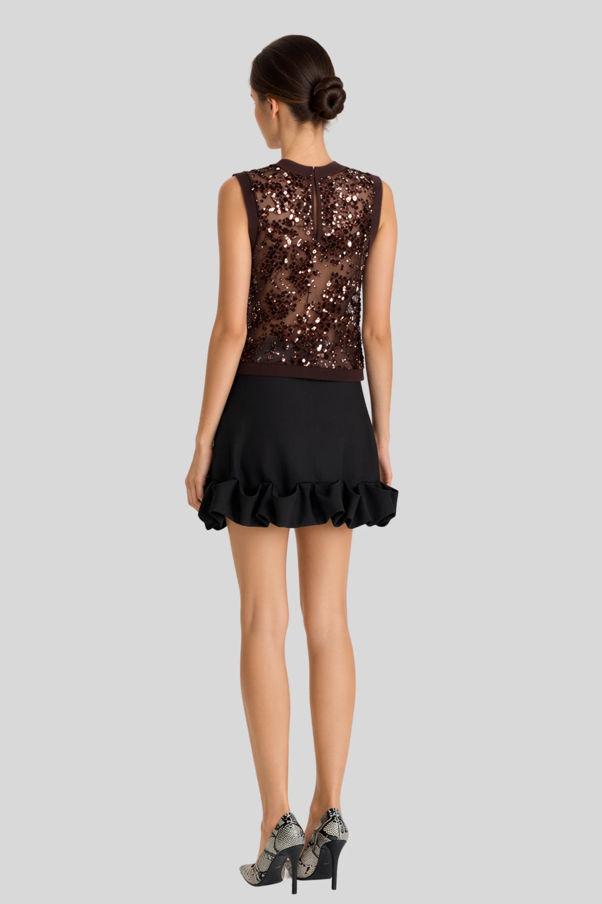 Coffee Bean Brown Sequin Mesh V-Neck Sleeveless Blouse Coffee