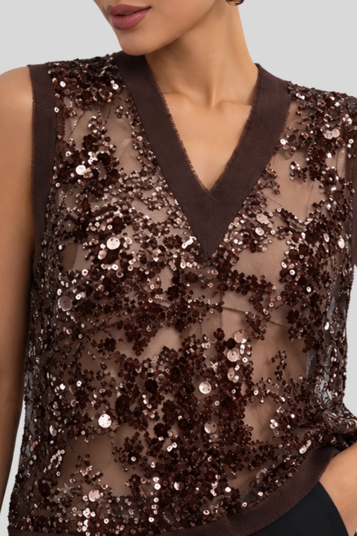 Coffee Bean Brown Sequin Mesh V-Neck Sleeveless Blouse Coffee
