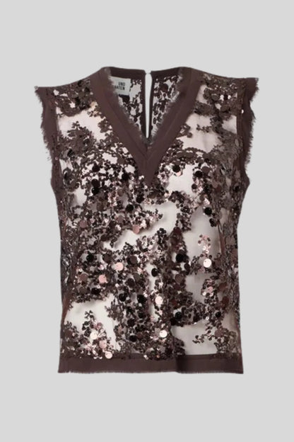 Coffee Bean Brown Sequin Mesh V-Neck Sleeveless Blouse Coffee