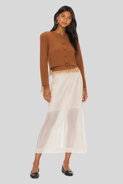 Cognac Fringe Trim Crop Cardigan Cognac