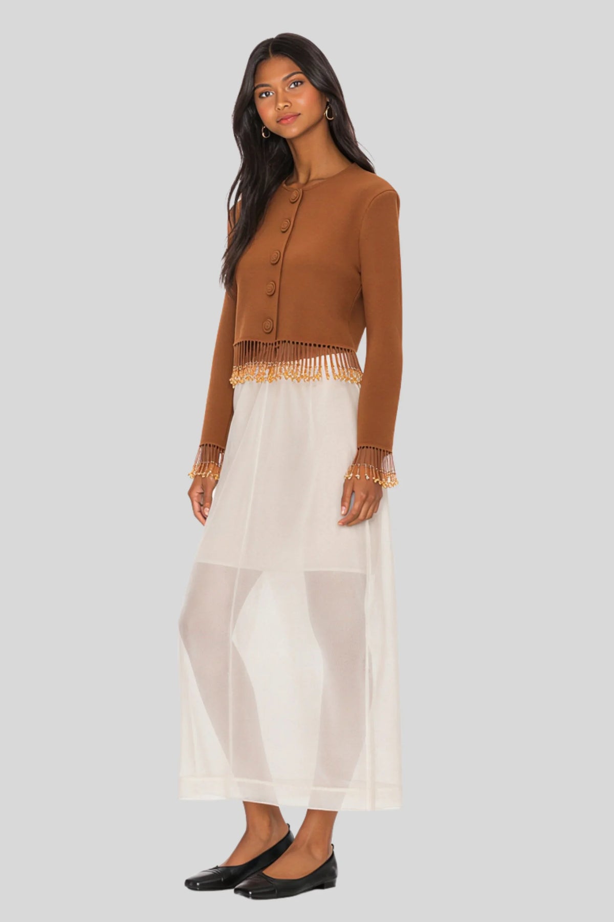 Cognac Fringe Trim Crop Cardigan Cognac