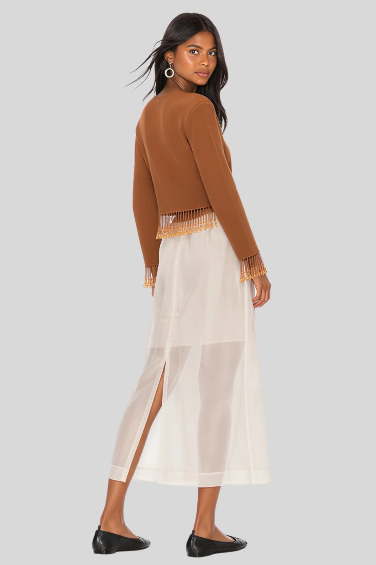 Cognac Fringe Trim Crop Cardigan Cognac