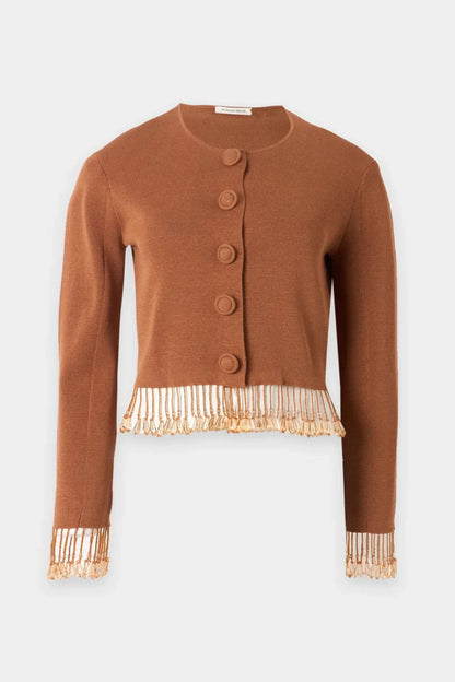 Cognac Fringe Trim Crop Cardigan Cognac