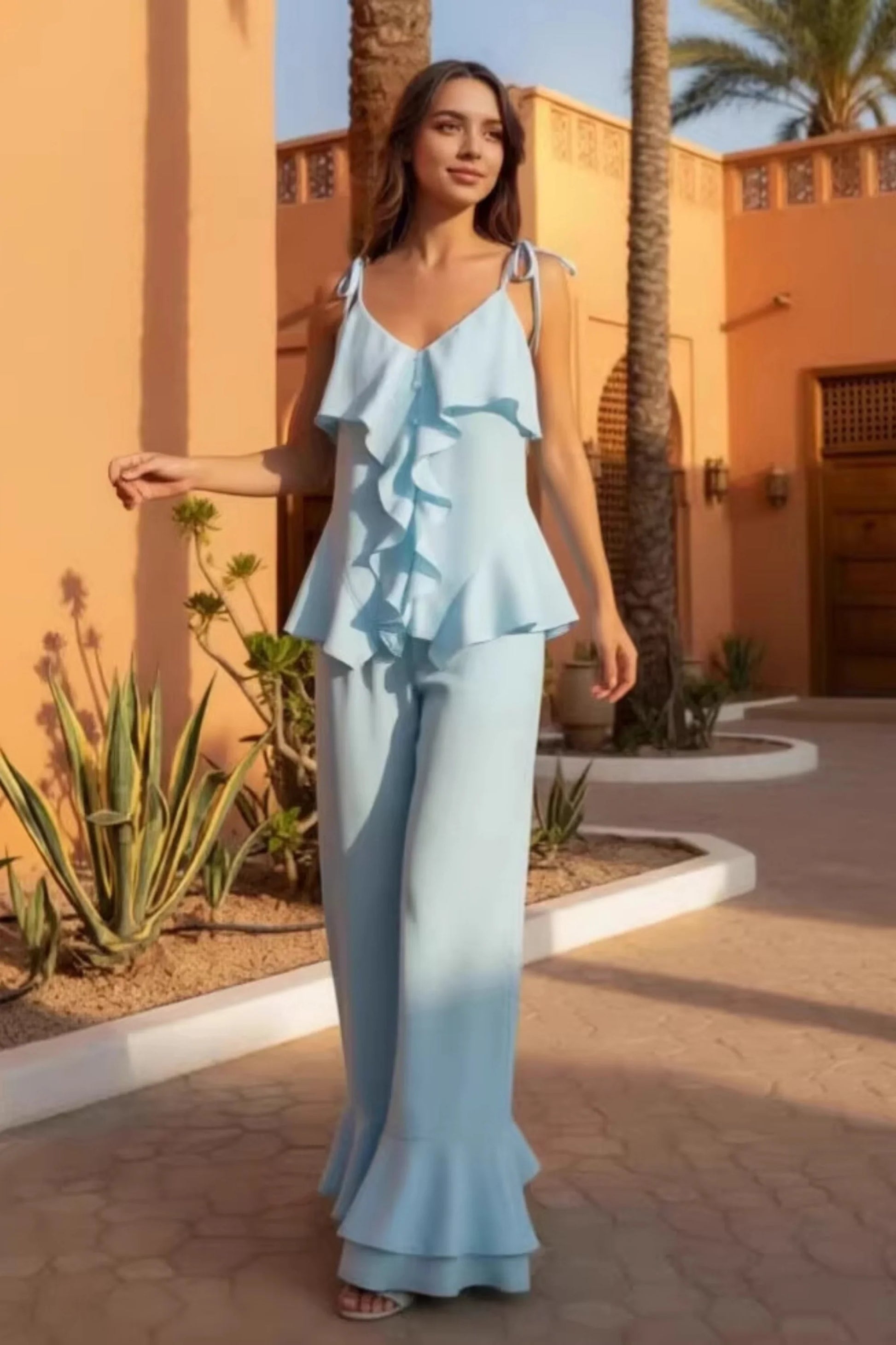 Cotton-Linen Ruffle Tank & Wide-Leg Flared Pants Set Teal