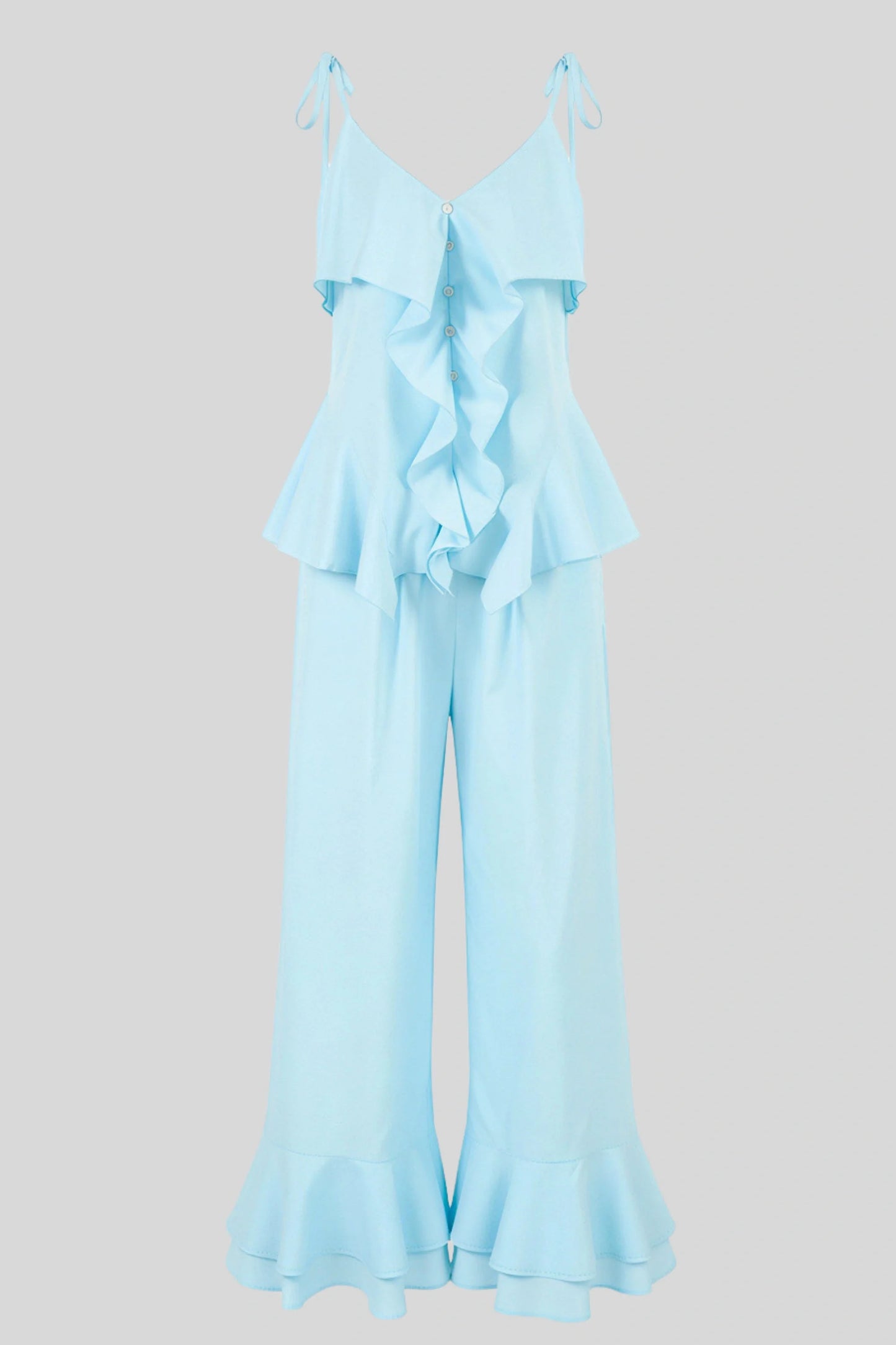 Cotton-Linen Ruffle Tank & Wide-Leg Flared Pants Set Teal