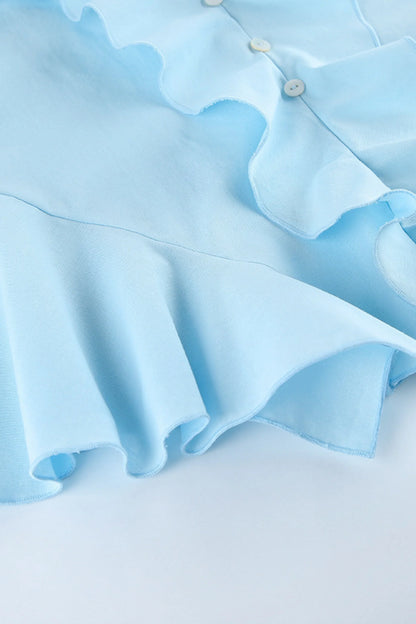 Cotton-Linen Ruffle Tank & Wide-Leg Flared Pants Set Teal