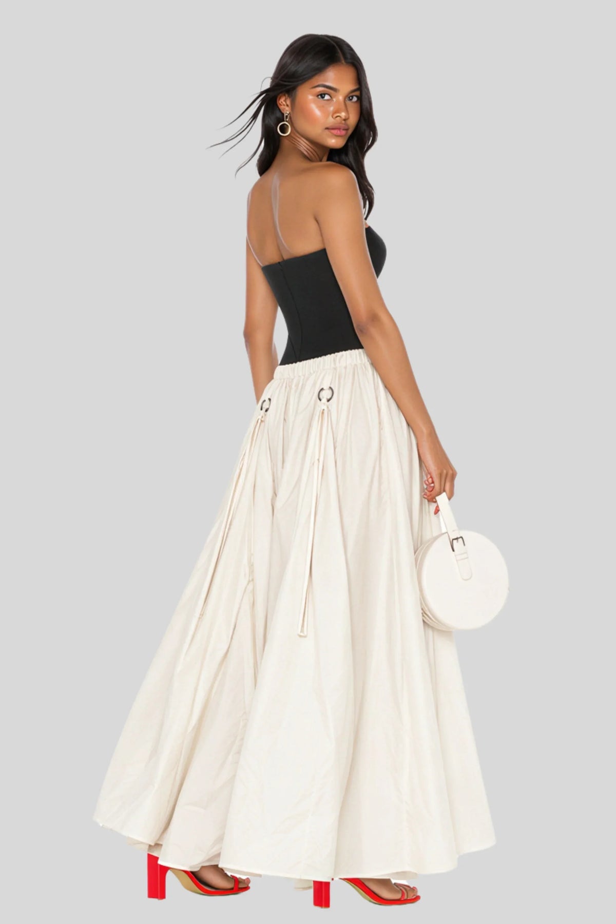 Cream Transformable Drawstring Skirt in Lightweight Nylon Cream