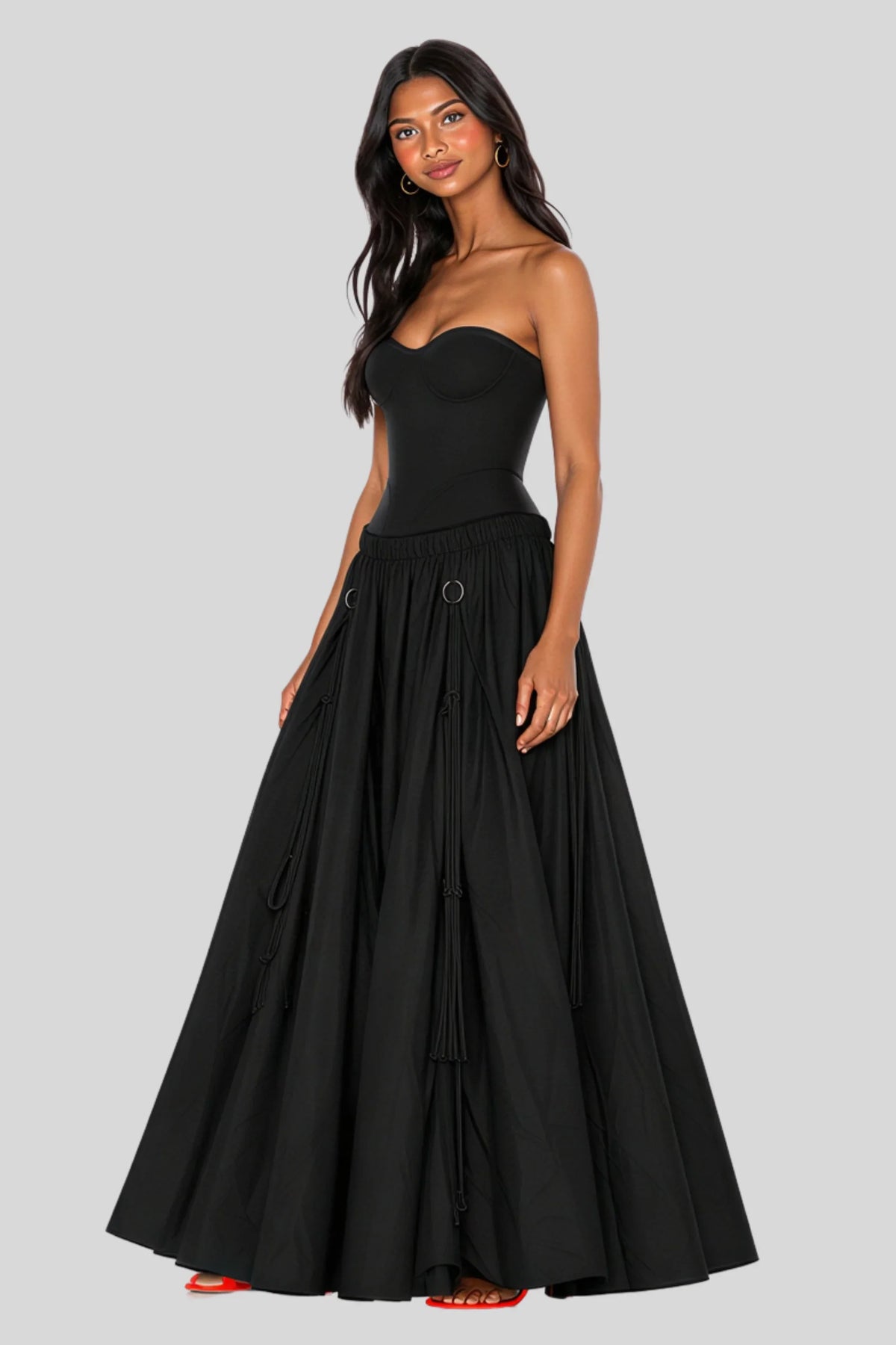 Cream Transformable Drawstring Skirt in Lightweight Nylon Black