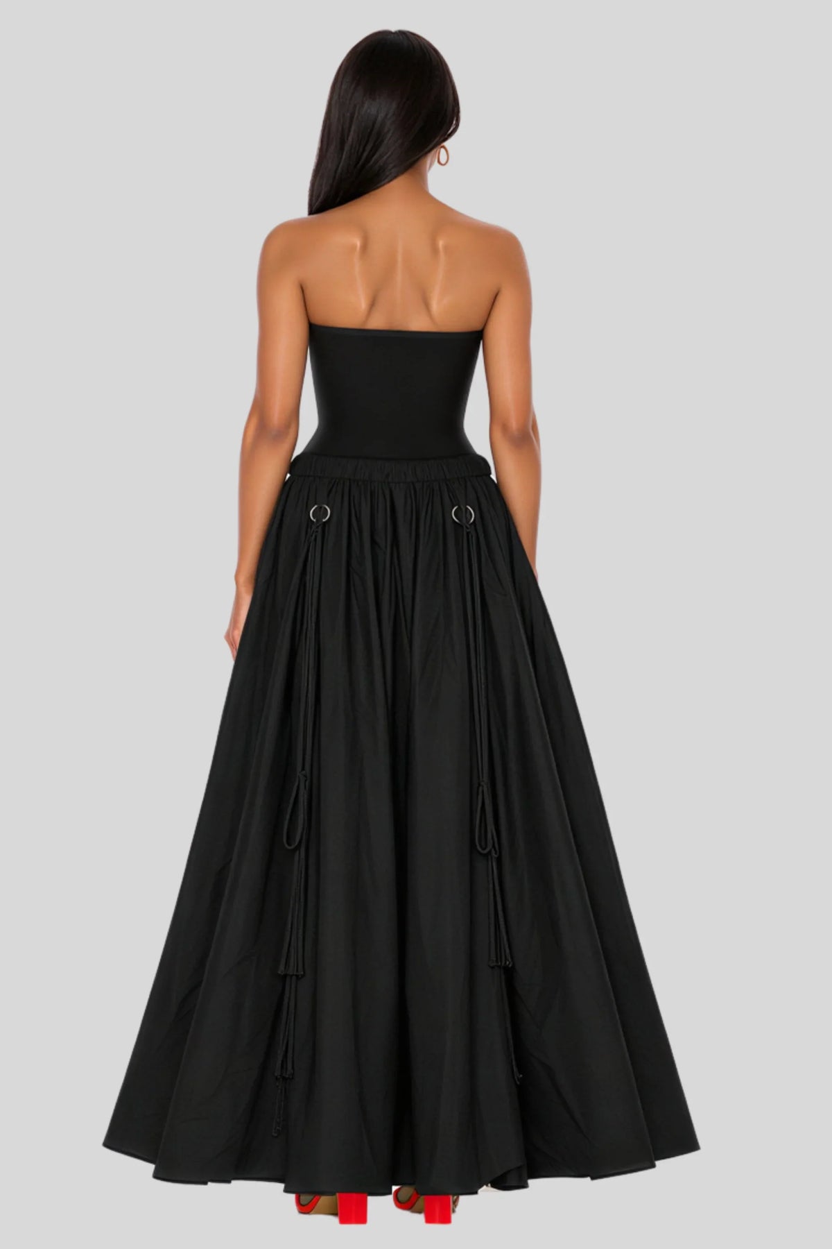Cream Transformable Drawstring Skirt in Lightweight Nylon Black