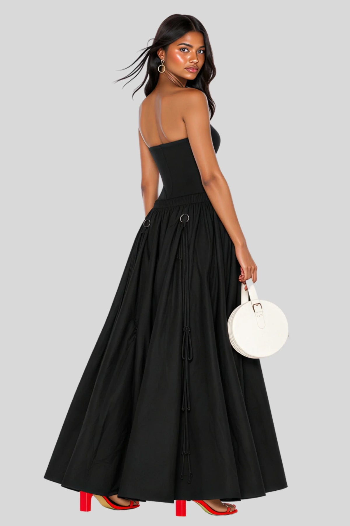 Cream Transformable Drawstring Skirt in Lightweight Nylon Black