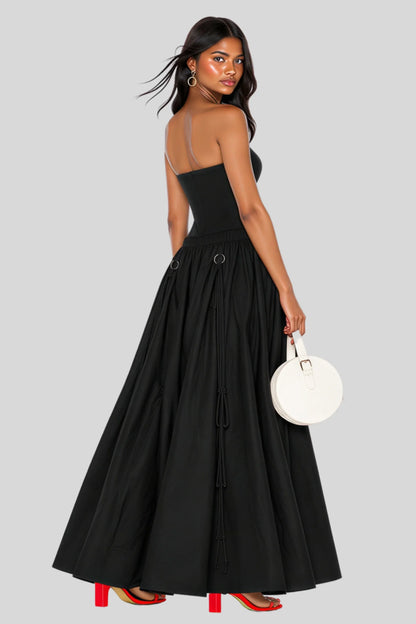Cream Transformable Drawstring Skirt in Lightweight Nylon Black