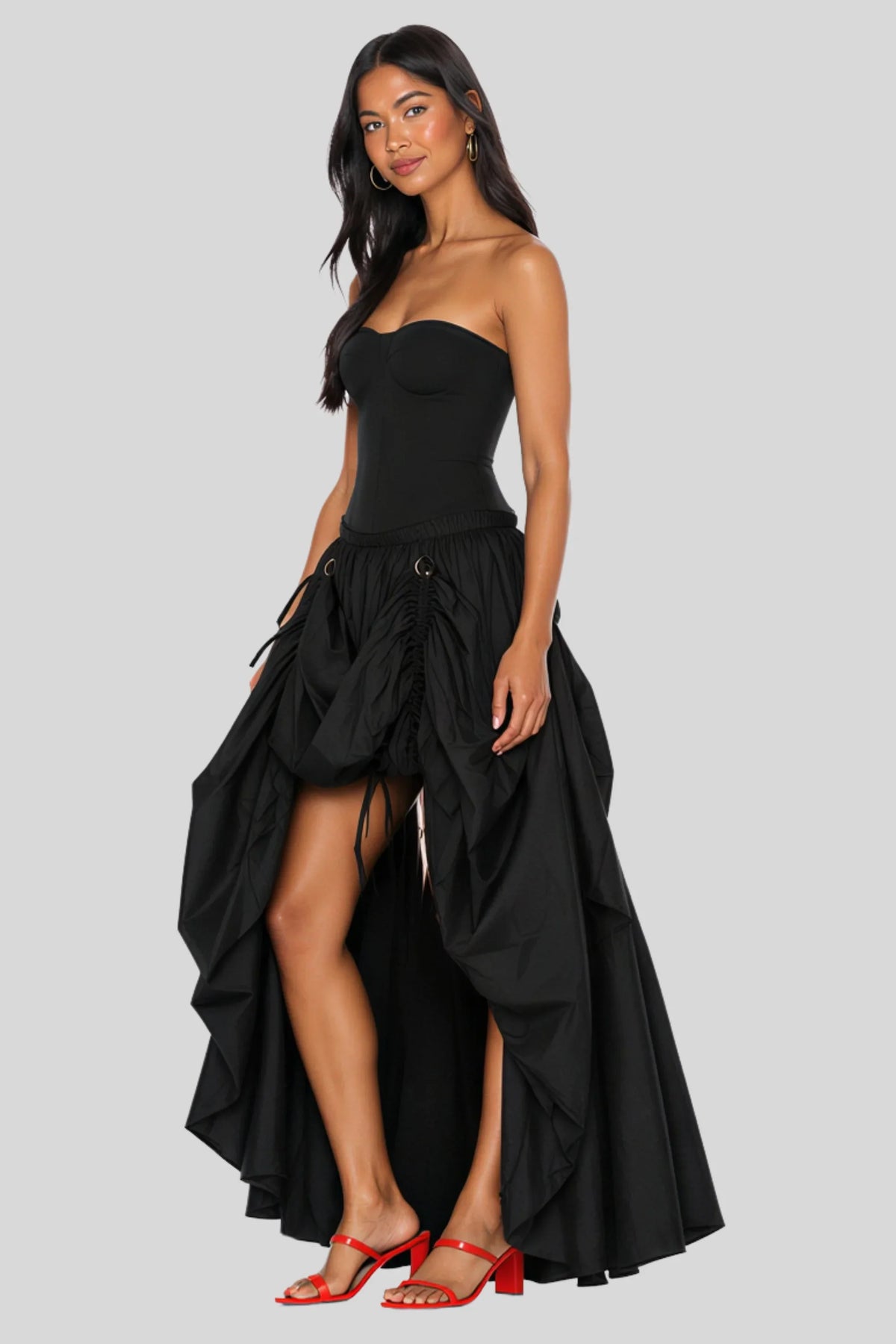 Cream Transformable Drawstring Skirt in Lightweight Nylon Black