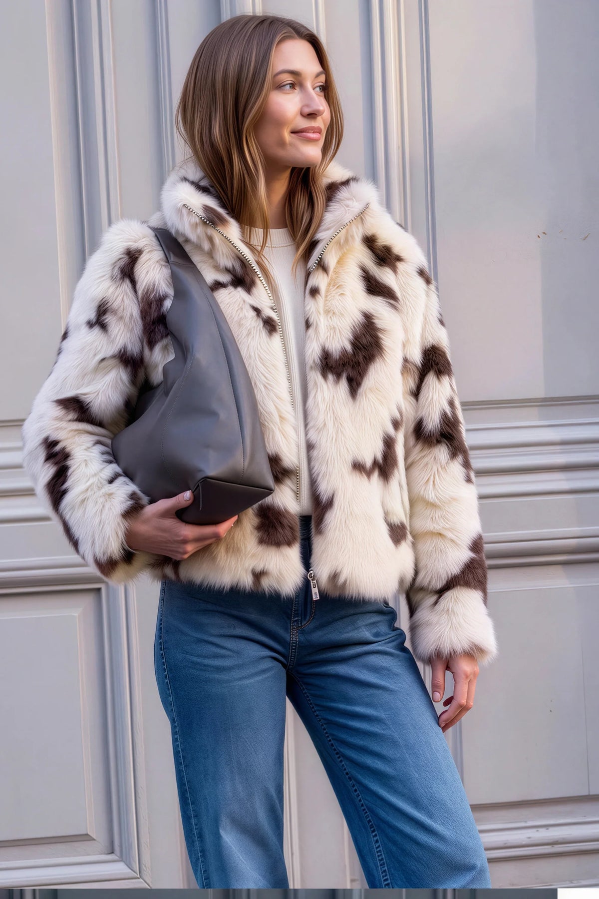 Faux Fur Cow Print Crop Jacket Beige