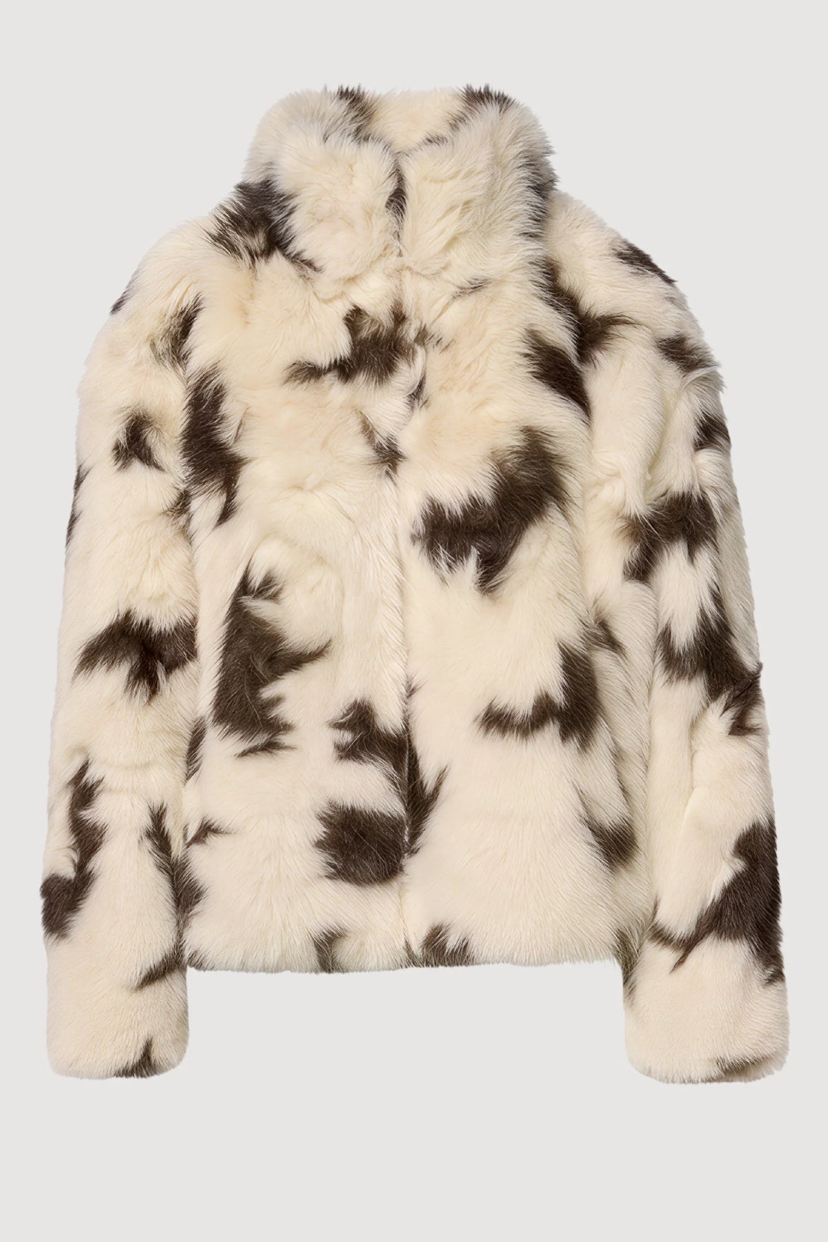 Faux Fur Cow Print Crop Jacket Beige