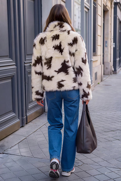 Faux Fur Cow Print Crop Jacket Beige