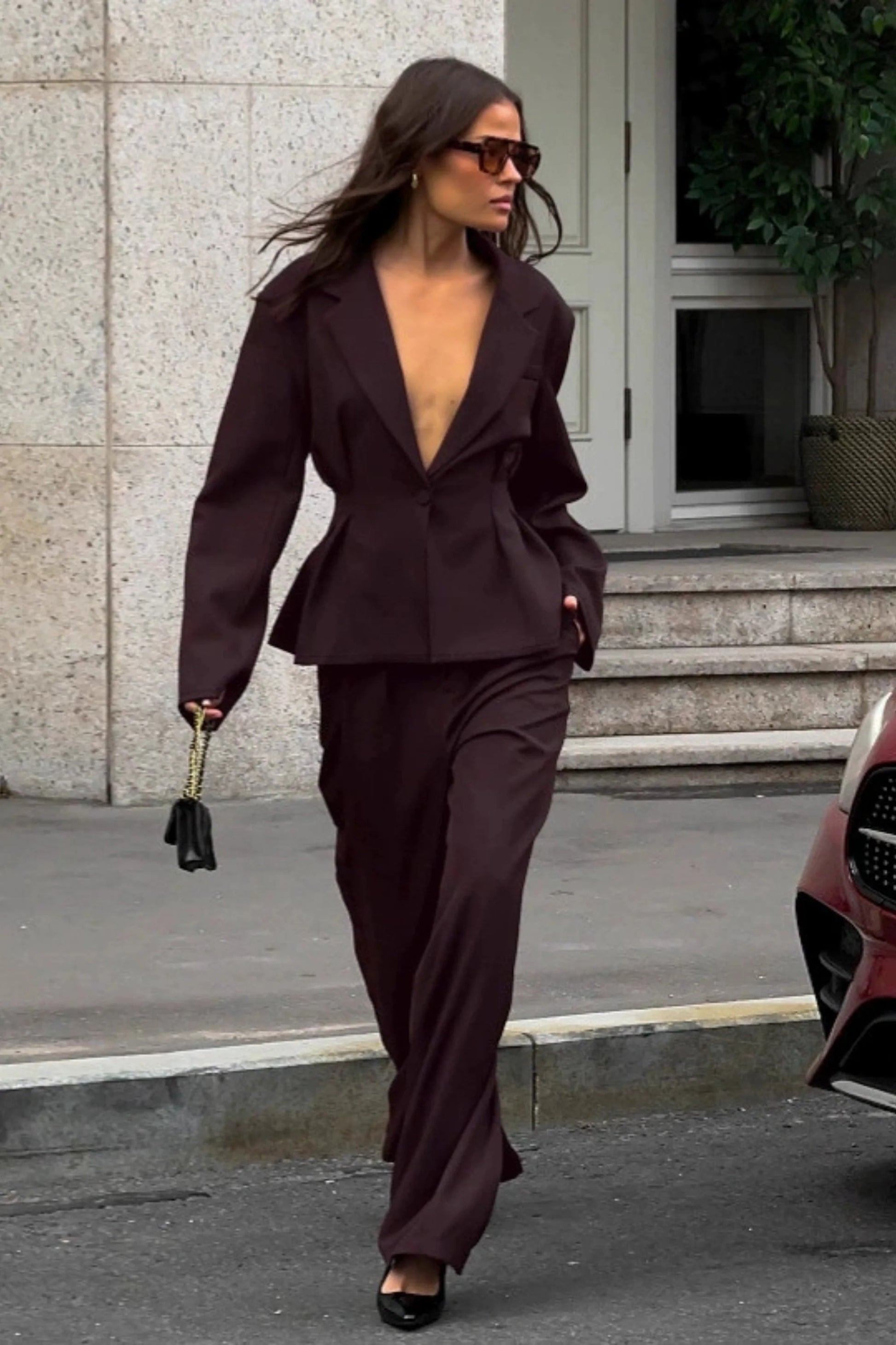 Dark Brown Slim Waist Pants Suit Set Dark Brown