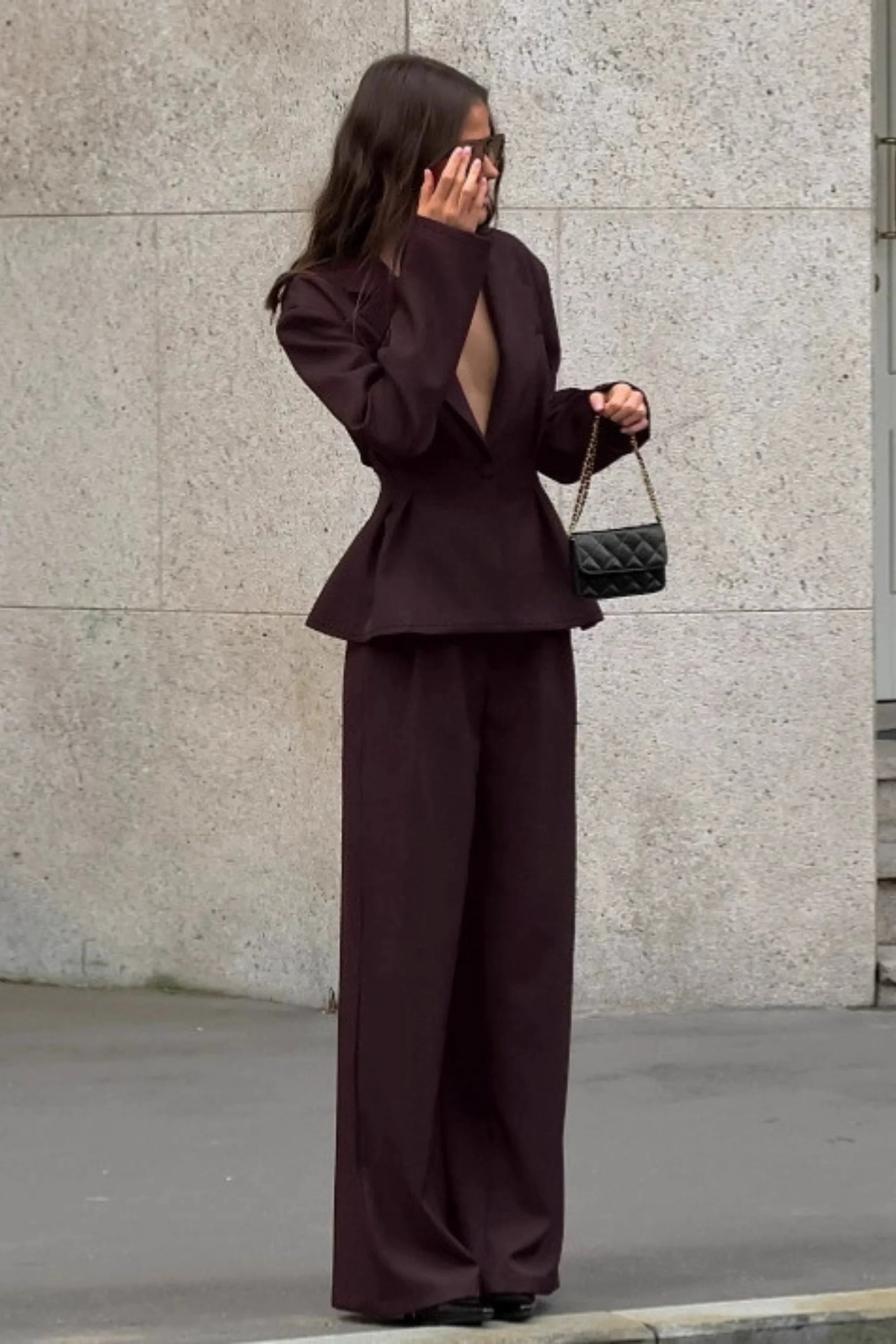 alzya lyzia Dark Brown Slim Waist Pants Suit Set Dark Brown