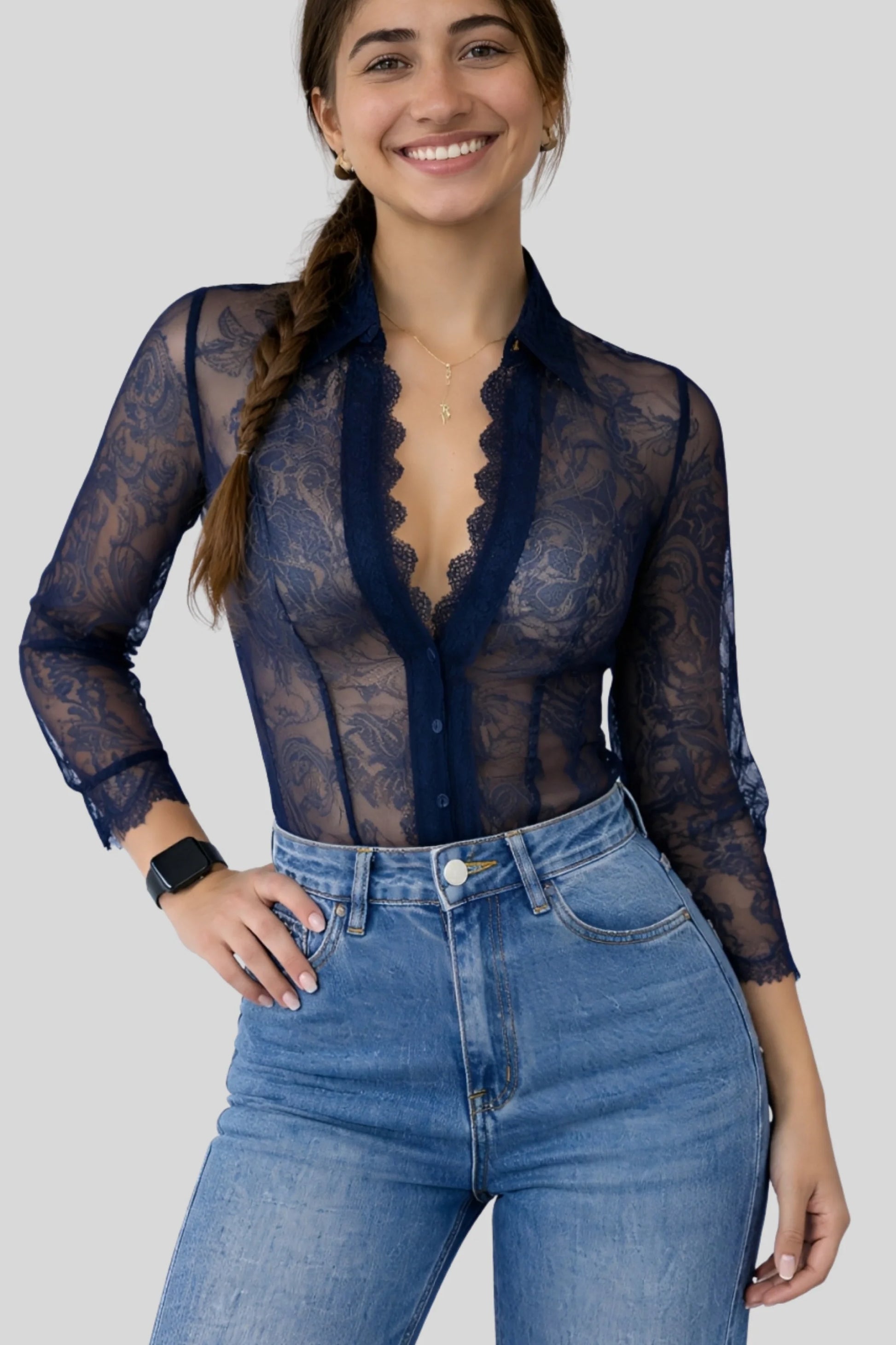 Alzya Elegant Lace Button-Up Shirt Blue