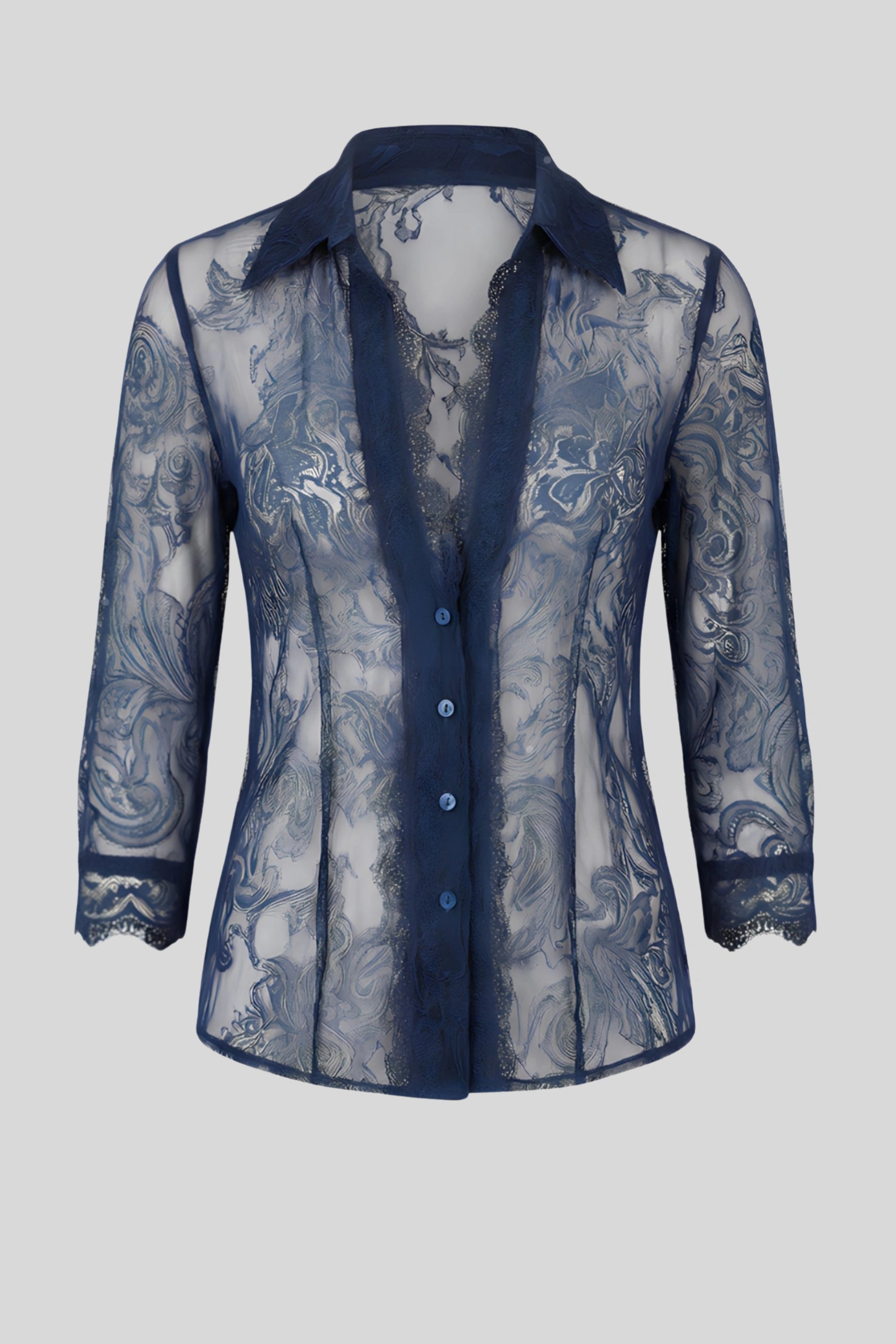 Alzya Elegant Lace Button-Up Shirt Blue