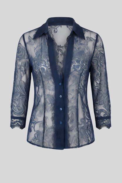 Alzya Elegant Lace Button-Up Shirt Blue