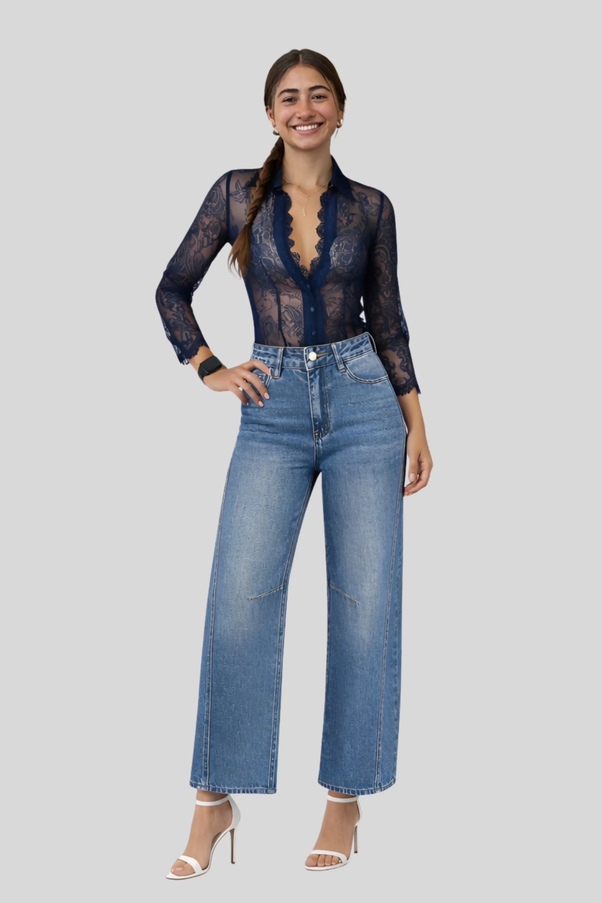 Alzya Elegant Lace Button-Up Shirt Blue